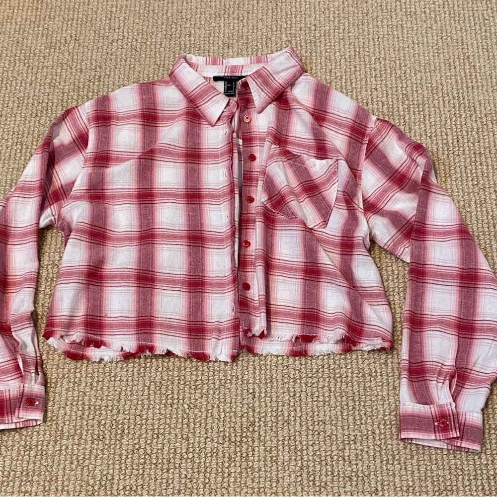 Red, Pink and White Cropped Button Down Flannel